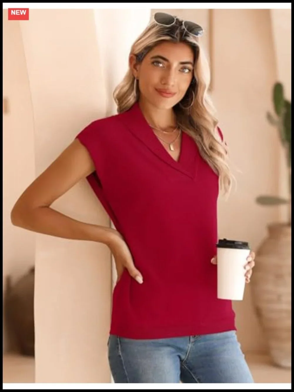 Women's V-Neck Sweater Vest Pullover Short Cap Sleeve Knit Tank Top Dressy
